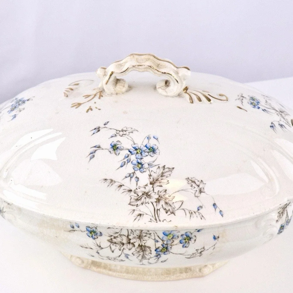 Antique White Ironstone Soup Tureen with Lid - Blue Floral, Hand Signed Base
